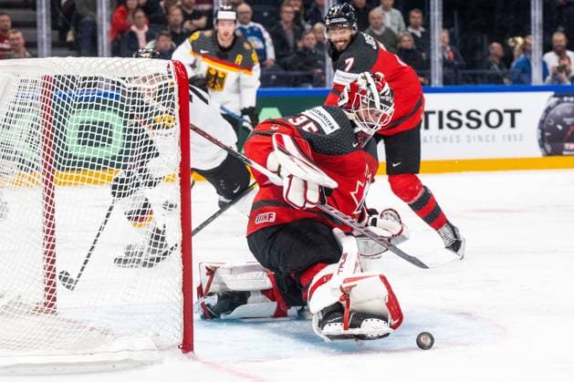 Eishockey, WM, Finale, Kanada - Deutschland 230528 Goaltender Samuel Montembeault of Canada during the 2023 IIHF Ice hockey, Eishockey World Championship, WM, Weltmeisterschaft final game between Canada and Germany on May 28, 2023 in Tampere. Photo: Joel Marklund BILDBYRAN kod JM JM0489 bbeng ishockey ice hockey ishockey-vm 2023 ishockey-vm vm 2023 iihf ice hockey world championship final kanada canada germany tyskland Copyright: JOELxMARKLUND BB230528JM114