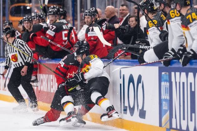 230528 Samuel Blais of Canada and John Peterka of Germany during the 2023 IIHF Ice hockey, Eishockey World Championship, WM, Weltmeisterschaft final game between Canada and Germany on May 28, 2023 in Tampere. Photo: Joel Marklund BILDBYRAN kod JM JM0489 bbeng ishockey ice hockey ishockey-vm 2023 ishockey-vm vm 2023 iihf ice hockey world championship final kanada canada germany tyskland Copyright: JOELxMARKLUND BB230528JM117