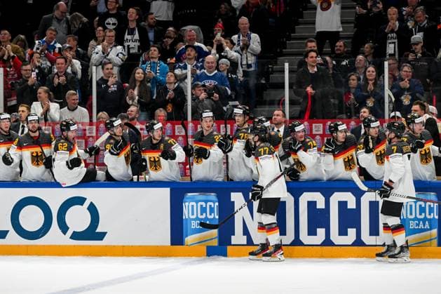 TAMPERE, FINLAND - MAY 28: Daniel Fischbuch of Germany celebrate after scoring a goal during the 2023 IIHF Ice hockey, Eishockey World Championship, WM, Weltmeisterschaft Finland - Latvia game between Canada and Germany at Nokia Arena on May 28, 2023 in Tampere, Finland. Tampere Nokia Arena Finland Copyright: xJustPictures.ch AndreaxBrancax