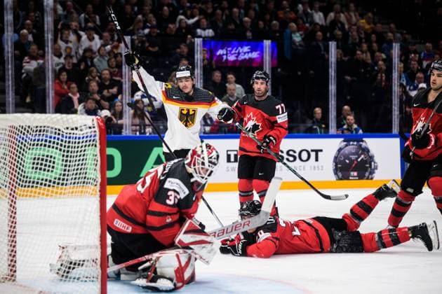 230528 Daniel Fischbuch of Germany celebrates when scoring 1-2 behind goaltender Samuel Montembeault of Canada during the 2023 IIHF Ice hockey, Eishockey World Championship, WM, Weltmeisterschaft final game between Canada and Germany on May 28, 2023 in Tampere. Photo: Joel Marklund BILDBYRAN kod JM JM0489 bbeng ishockey ice hockey ishockey-vm 2023 ishockey-vm vm 2023 iihf ice hockey world championship final kanada canada germany tyskland jubel Copyright: JOELxMARKLUND BB230528JM129