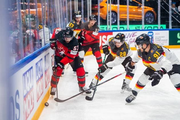 TAMPERE, FINLAND - MAY 28: Michael Carcone of Canada (L) against Samuel Soramies of Germany (C) and Moritz Muller of Germany (R) during the 2023 IIHF Ice hockey, Eishockey World Championship, WM, Weltmeisterschaft Finland - Latvia game between Canada and Germany at Nokia Arena on May 28, 2023 in Tampere, Finland. Tampere Nokia Arena Finland Copyright: xJustPictures.ch JarixPestelaccix