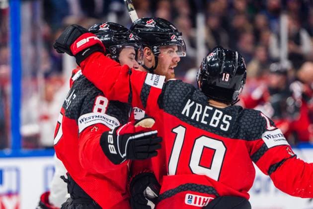 TAMPERE, FINLAND - MAY 28: Lawson Crouse of Canada (C) celebrated by Cody Glass of Canada (L) and Peyton Krebs of Canada (R) for his goal during the 2023 IIHF Ice hockey, Eishockey World Championship, WM, Weltmeisterschaft Finland - Latvia game between Canada and Germany at Nokia Arena on May 28, 2023 in Tampere, Finland. Tampere Nokia Arena Finland Copyright: xJustPictures.ch JarixPestelaccix