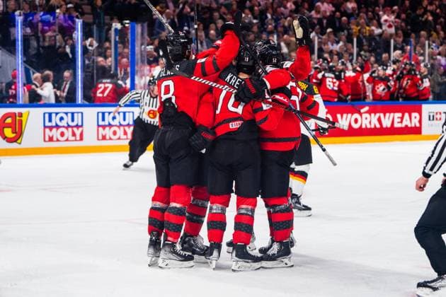 TAMPERE, FINLAND - MAY 28: Team Canada celebrates his goal during the 2023 IIHF Ice hockey, Eishockey World Championship, WM, Weltmeisterschaft Finland - Latvia game between Canada and Germany at Nokia Arena on May 28, 2023 in Tampere, Finland. Tampere Nokia Arena Finland Copyright: xJustPictures.ch JarixPestelaccix