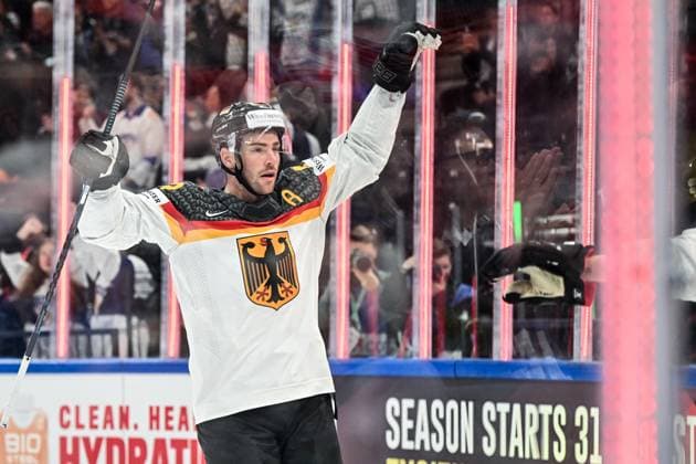 Marcel Noebels (92, Deutscher Eishockey-Bund, Deutschland Germany, Team Germany ) Jubel Freude nach 2 zu 1, Kanada vs. Deutschland, Eishockey, Eishockey WM , Finale, 28.05.2023, Kanada vs. Deutschland, Eishockey, Eishockey WM , Finale, 28.05.2023 Tampere Copyright: xEibner-Pressefotox xBirgitxHaefnerx EP_BHF