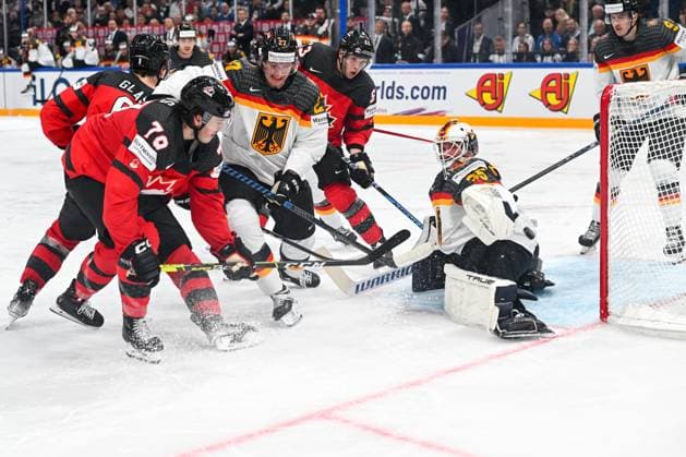 TAMPERE, FINLAND - MAY 28: Samuel Blais of Canada scores a goal against goalkeeper Mathias Niederberger of Germany during the 2023 IIHF Ice hockey, Eishockey World Championship, WM, Weltmeisterschaft Finland - Latvia game between Canada and Germany at Nokia Arena on May 28, 2023 in Tampere, Finland. Tampere Nokia Arena Finland Copyright: xJustPictures.ch AndreaxBrancax