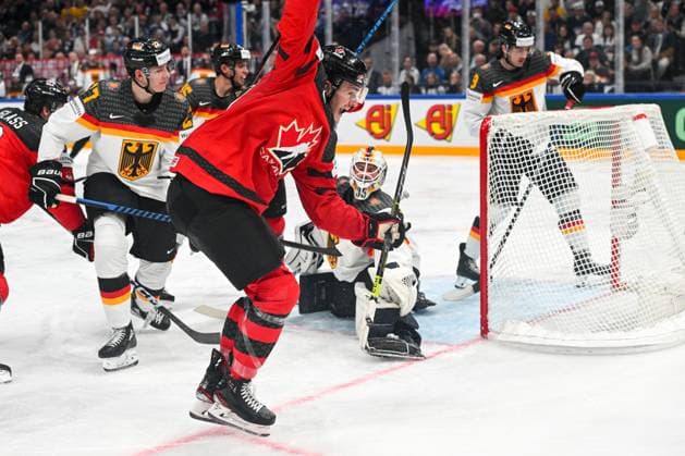 TAMPERE, FINLAND - MAY 28: Samuel Blais of Canada celebrate after scoring a goal during the 2023 IIHF Ice hockey, Eishockey World Championship, WM, Weltmeisterschaft Finland - Latvia game between Canada and Germany at Nokia Arena on May 28, 2023 in Tampere, Finland. Tampere Nokia Arena Finland Copyright: xJustPictures.ch AndreaxBrancax