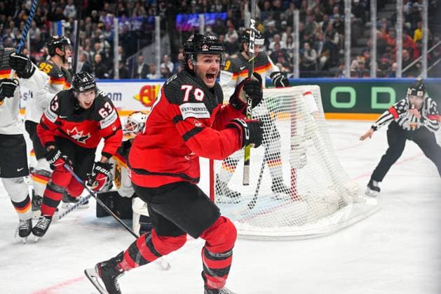 TAMPERE, FINLAND - MAY 28: Samuel Blais of Canada celebrate after scoring a goal during the 2023 IIHF Ice hockey, Eishockey World Championship, WM, Weltmeisterschaft Finland - Latvia game between Canada and Germany at Nokia Arena on May 28, 2023 in Tampere, Finland. Tampere Nokia Arena Finland Copyright: xJustPictures.ch AndreaxBrancax