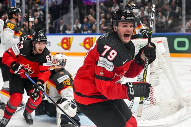 TAMPERE, FINLAND - MAY 28: Samuel Blais of Canada celebrate after scoring a goal during the 2023 IIHF Ice hockey, Eishockey World Championship, WM, Weltmeisterschaft Finland - Latvia game between Canada and Germany at Nokia Arena on May 28, 2023 in Tampere, Finland. Tampere Nokia Arena Finland Copyright: xJustPictures.ch AndreaxBrancax