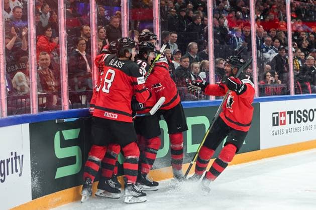 TAMPERE, FINLAND - MAY 28: Samuel Blais of Canada celebrate after scoring a goal during the 2023 IIHF Ice hockey, Eishockey World Championship, WM, Weltmeisterschaft Finland - Latvia game between Canada and Germany at Nokia Arena on May 28, 2023 in Tampere, Finland. Tampere Nokia Arena Finland Copyright: xJustPictures.ch AndreaxBrancax