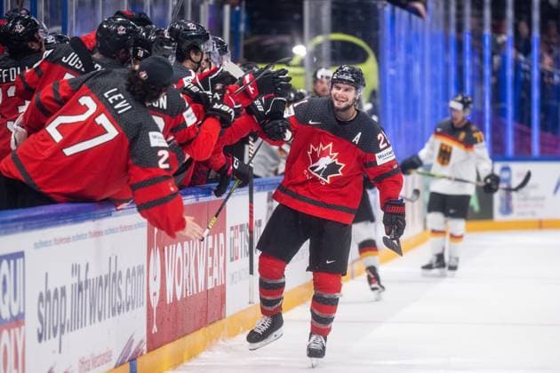 Eishockey, WM, Finale, Kanada - Deutschland 230528 Scott Laughton of Canada celebrates scoring 5-2 during the 2023 IIHF Ice hockey, Eishockey World Championship, WM, Weltmeisterschaft final game between Canada and Germany on May 28, 2023 in Tampere. Photo: Joel Marklund BILDBYRAN kod JM JM0489 bbeng ishockey ice hockey ishockey-vm 2023 ishockey-vm vm 2023 iihf ice hockey world championship final kanada canada germany tyskland jubel Copyright: JOELxMARKLUND BB230528JM137