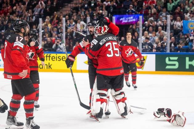 230528 Jacob Middleton and goaltender Samuel Montembeault of Canada celebrate after winning the 2023 IIHF Ice hockey, Eishockey World Championship, WM, Weltmeisterschaft final game between Canada and Germany on May 28, 2023 in Tampere. Photo: Joel Marklund BILDBYRAN kod JM JM0489 bbeng ishockey ice hockey ishockey-vm 2023 ishockey-vm vm 2023 iihf ice hockey world championship final kanada canada germany tyskland jubel mästare vm-mästare world champion Copyright: JOELxMARKLUND BB230528JM140