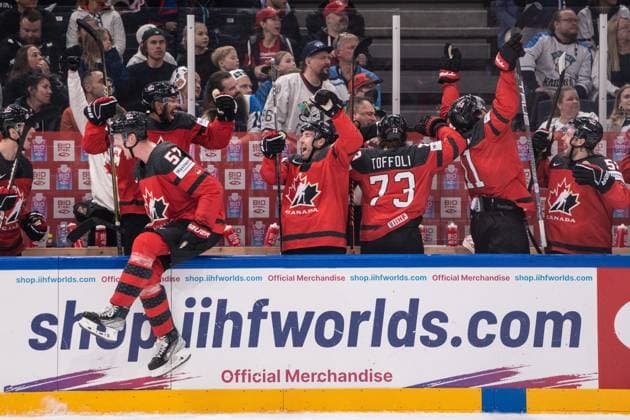 TAMPERE, FINLAND - MAY 28: Canada is world chamption 2023. Canada squad during the 2023 IIHF Ice hockey, Eishockey World Championship, WM, Weltmeisterschaft Finland - Latvia game between Canada and Germany at Nokia Arena on May 28, 2023 in Tampere, Finland. Tampere Nokia Arena Finland Copyright: xJustPictures.ch JarixPestelaccix