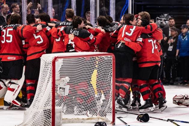 TAMPERE, FINLAND - MAY 28: Canada is world chamption 2023. Canada squad during the 2023 IIHF Ice hockey, Eishockey World Championship, WM, Weltmeisterschaft Finland - Latvia game between Canada and Germany at Nokia Arena on May 28, 2023 in Tampere, Finland. Tampere Nokia Arena Finland Copyright: xJustPictures.ch JarixPestelaccix