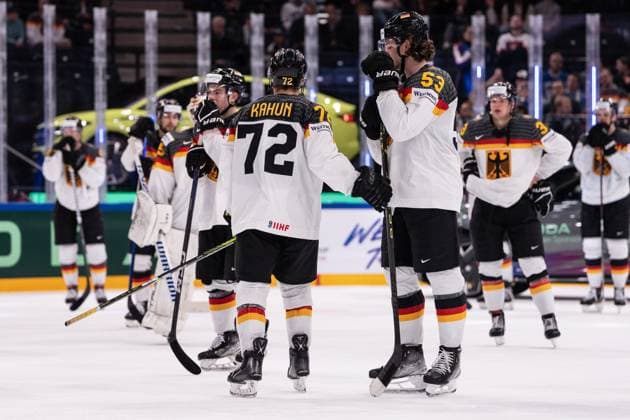 TAMPERE, FINLAND - MAY 28: Moritz Seider of Germany (R) and Dominik Kahun of Germany (L) was crushed after been defeated during the 2023 IIHF Ice hockey, Eishockey World Championship, WM, Weltmeisterschaft Finland - Latvia game between Canada and Germany at Nokia Arena on May 28, 2023 in Tampere, Finland. Tampere Nokia Arena Finland Copyright: xJustPictures.ch JarixPestelaccix