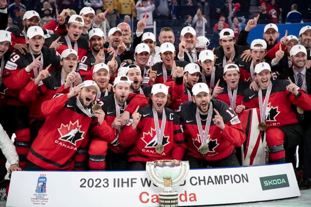Canada team the 2023 IIHF Ice hockey, Eishockey World Championship, WM, Weltmeisterschaft gold medal match between Canada - Germany at the Nokia Arena on 28. May 2023 in Tampere, Finland. 22.59.47. (Tomi Hänninen Newspix24)  Copyright: xTomixHänninenx np24282258750