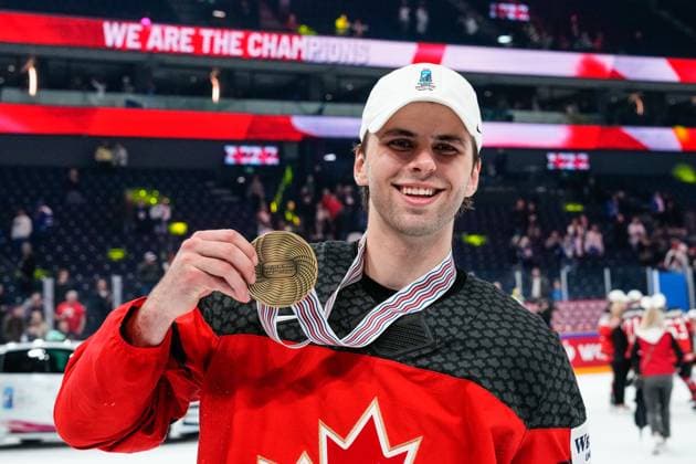 TAMPERE, FINLAND - MAY 28: Adam Fantilli of Canada with gold medal during the 2023 IIHF Ice hockey, Eishockey World Championship, WM, Weltmeisterschaft Finland - Latvia game between Canada and Germany at Nokia Arena on May 28, 2023 in Tampere, Finland. Tampere Nokia Arena Finland Copyright: xJustPictures.ch JarixPestelaccix