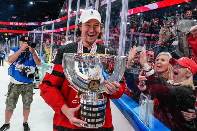 TAMPERE, FINLAND - MAY 28: Tyler Toffoli of Canada with trophy during the 2023 IIHF Ice hockey, Eishockey World Championship, WM, Weltmeisterschaft Finland - Latvia game between Canada and Germany at Nokia Arena on May 28, 2023 in Tampere, Finland. Tampere Nokia Arena Finland Copyright: xJustPictures.ch JarixPestelaccix