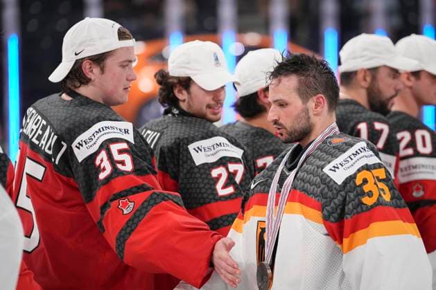 Sam Montembeault 35, CAN and Mathias Niederberger 35, GER after the 2023 IIHF Ice hockey, Eishockey World Championship, WM, Weltmeisterschaft gold medal match between Canada - Germany at the Nokia Arena on 28. May 2023 in Tampere, Finland. (KALLE PARKKINEN Newspix24) (Tomi Hänninen Newspix24)  Copyright: xKallexParkkinenx np24282258754