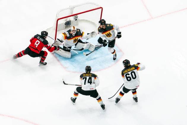 TAMPERE, FINLAND - MAY 28:Cody Glass of Canada try to beat Mathias Niederberger of Germany during the 2023 IIHF Ice hockey, Eishockey World Championship, WM, Weltmeisterschaft Finland - Latvia game between Canada and Germany at Nokia Arena on May 28, 2023 in Tampere, Finland. Tampere Nokia Arena Finland Copyright: xJustPictures.ch JarixPestelaccix