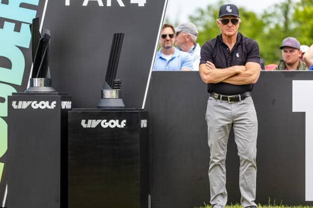 May 28, 2023, Potomac Falls, Virginia, USA: GREG NORMAN, the CEO of LIV Golf, on the first tee during the final round of the LIV Golf DC event at Trump National Golf Club. Potomac Falls USA - ZUMAb237 20230528_znp_b237_018 Copyright: xRobertxBlakleyx