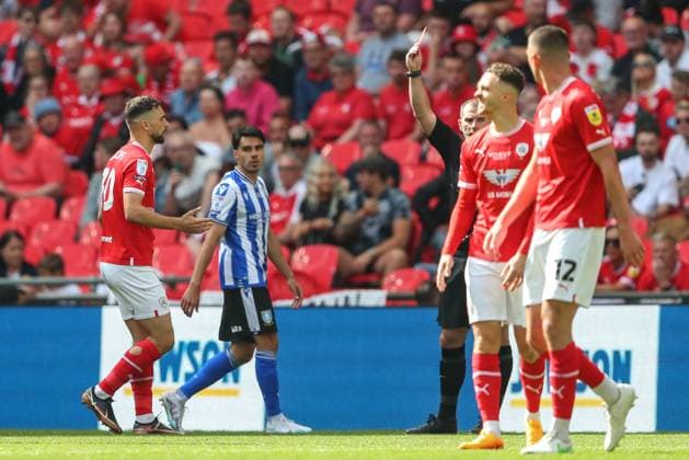 Sky Bet League 1 Play-off Final Barnsley v Sheffield Wednesday Adam Phillips 30 of Barnsley shown a red card for a foul on Lee Gregory 9 of Sheffield Wednesday during the Sky Bet League 1 Play-off Final match Barnsley vs Sheffield Wednesday at Wembley Stadium, London, United Kingdom, 29th May 2023 (Photo by Gareth Evans News Images) London Wembley Stadium Greater London United Kingdom Copyright: xGarethxEvans NewsxImagesx