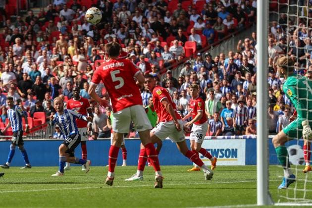 Sky Bet League 1 Play-off Final Barnsley v Sheffield Wednesday Barry Bannan 10 of Sheffield Wednesday has a shot on goal during the Sky Bet League 1 Play-off Final match Barnsley vs Sheffield Wednesday at Wembley Stadium, London, United Kingdom, 29th May 2023 (Photo by Gareth Evans News Images) London Wembley Stadium Greater London United Kingdom Copyright: xGarethxEvans NewsxImagesx