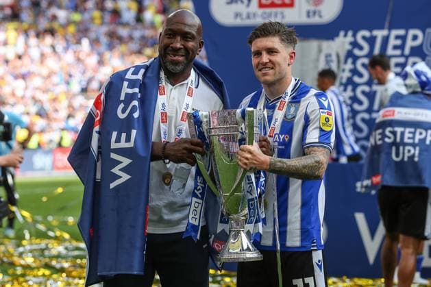 Sky Bet League 1 Play-off Final Barnsley v Sheffield Wednesday Josh Windass 11 of Sheffield Wednesday & Darren Moore manager of Sheffield Wednesday with the play off trophy after the Sky Bet League 1 Play-off Final match Barnsley vs Sheffield Wednesday at Wembley Stadium, London, United Kingdom, 29th May 2023 (Photo by Gareth Evans News Images) London Wembley Stadium Greater London United Kingdom Copyright: xGarethxEvans NewsxImagesx