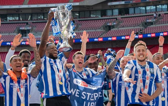 Sheffield Wednesday players celebrate after wining the Sky Bet League 1 play off final match between Barnsley and Sheffield Wednesday at Wembley Stadium, London, England on 28 May 2023. Copyright: xAlanxStanfordx PMI-5573-0136
