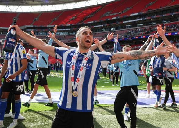 29th May 2023; Wembley Stadium, London, England; EFL League One Play Off Football Final, Barnsley versus Sheffield Wednesday; Lee Gregory of Sheffield Wednesday celebrates towards the Sheffield Wednesday fans wearing a winners medal  ActionPlus12515660 JohnxPatrickxFletcher