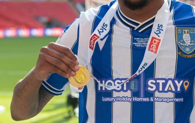 Jaden Brown of Sheffield Wednesday with his medal after wining the Sky Bet League 1 play off final match between Barnsley and Sheffield Wednesday at Wembley Stadium, London, England on 28 May 2023. Copyright: xAlanxStanfordx PMI-5573-0147