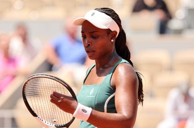 US Sloane Stephens concentrates during her first-round match against Czech Karolina Pliskova during the French Tennis Open s at Roland Garros in Paris, France, on Monday, May 29, 2023. Stephens won 6-0, 6-4.  PAR20230529504 MAYAxVIDON-WHITE