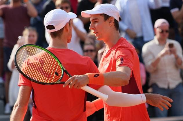 Belgian Sander Gille and Belgian Joran Vliegen celebrate after winning a men s doubles first round match between Belgian pair Gille-Vliegen and Croatian pair Mectic-Pavic at the Roland Garros French Open tennis tournament, in Paris, France, Tuesday 30 May 2023. This year s tournament takes place from 22 May to 12 June. BENOITxDOPPAGNE  x68166840x