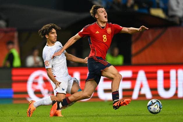 Spain U17, U 17 ¢& x80;& x99;s Javier Fernandez during the semi-final phase Under-17 Championship Hungary 2023 soccer match Spain U17 vs. France U17 at the Pancho Arena stadium in Felcsut, Hungary, 30rd of May 2023  Copyright: xVinnyxOrlando LiveMediax xipa-agx xLivexMediax 0 IPA_IPA38334110