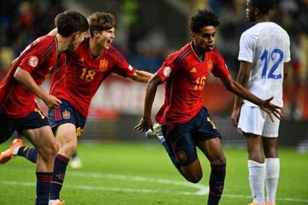 Happiness of Spain U17, U 17 ¢& x80;& x99;s Lamine Yamal after scored goal during the semi-final phase Under-17 Championship Hungary 2023 soccer match Spain U17 vs. France U17 at the Pancho Arena stadium in Felcsut, Hungary, 30rd of May 2023  Copyright: xVinnyxOrlando LiveMediax xipa-agx xLivexMediax 0 IPA_IPA38334114