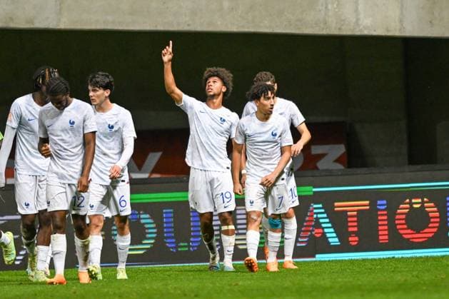 Happiness of France U17, U 17 ¢& x80;& x99;s Mathis Lambourde after scored goal during the semi-final phase Under-17 Championship Hungary 2023 soccer match Spain U17 vs. France U17 at the Pancho Arena stadium in Felcsut, Hungary, 30rd of May 2023  Copyright: xVinnyxOrlando LiveMediax xipa-agx xLivexMediax 0 IPA_IPA38334115