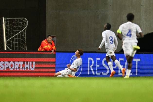 Happiness of France U17, U 17 ¢& x80;& x99;s Tidiam Gomis after scored goal during the semi-final phase Under-17 Championship Hungary 2023 soccer match Spain U17 vs. France U17 at the Pancho Arena stadium in Felcsut, Hungary, 30rd of May 2023  Copyright: xVinnyxOrlando LiveMediax xipa-agx xLivexMediax 0 IPA_IPA38334235