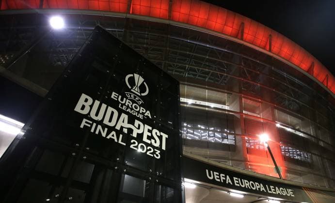 Sevilla v AS Roma, UEFA Europa League Final 2023, Pre press conference, PK, Pressekonferenz & Training, Puskas Arena, Budapest, Hungary. - 30th May 2023. Puskas Arena lite up in The UEFA Europa League orange colour ahead of The UEFA Europa League Final 2023. - Sevilla v AS Roma, UEFA Europa League Final 2023, Pre Press Conference & Training, Puskas Arena, Budapest, Hungary. - 30th May 2023. Budapest Puskas Arena Hungary Copyright: xDanxWeirx CP_UEFA_Europa_League_Final_2023_Press_Conference_Training_65