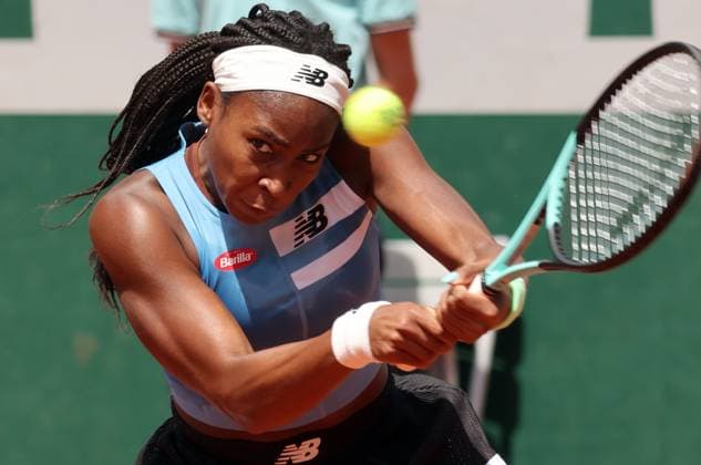 Coco Gauff of the US returns the ball to Swiss Rebeka Masarova during their first-round match at Roland Garros French Tennis Open in Paris, France, on Tuesday, May 30, 2023. Gauff won 3-6, 6-1, 6-2  PAR20230530111 MAYAxVIDON-WHITE