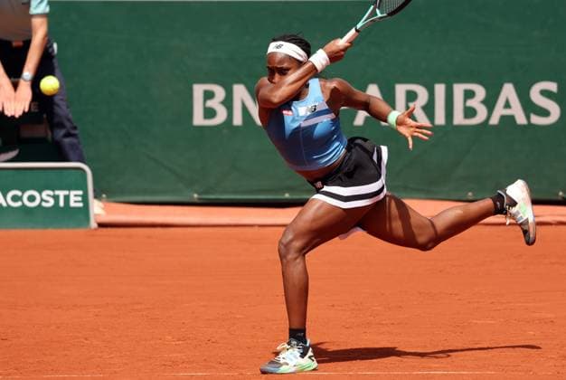 Coco Gauff of the US returns the ball to Swiss Rebeka Masarova during their first-round match at Roland Garros French Tennis Open in Paris, France, on Tuesday, May 30, 2023. Gauff won 3-6, 6-1, 6-2  PAR20230530115 MAYAxVIDON-WHITE