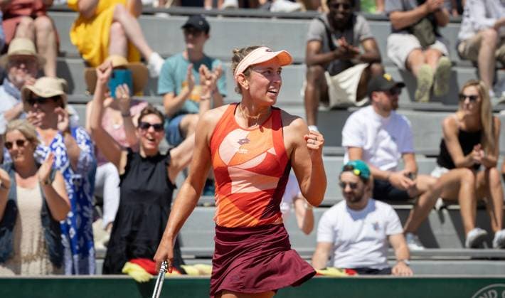 Belgian Elise Mertens celebrates after winning 6-3, 7-6 a tennis match between Belgian Mertens and Colombian Osorio, in the second round of the women s singles at the Roland Garros French Open tennis tournament in Paris, France, Wednesday 31 May 2023. BENOITxDOPPAGNE  x68202784x