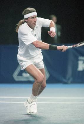 September 29 - October 5, 2003. Moscow, Russia. Swedish tennis player Bjoern Borg competes in the demonstration performance during the 2003 Kremlin Cup at the Olympic Sports Complex. The exact date of the photograph is unknown. Robert Maximov TASS  59340382