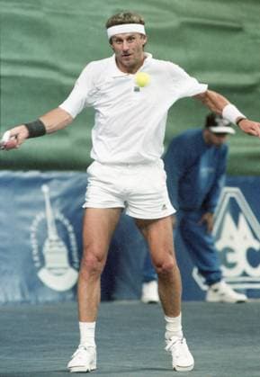 September 29 - October 5, 2003. Moscow, Russia. Swedish tennis player Bjoern Borg competes in the demonstration performance during the 2003 Kremlin Cup at the Olympic Sports Complex. The exact date of the photograph is unknown. Robert Maximov TASS  59340838