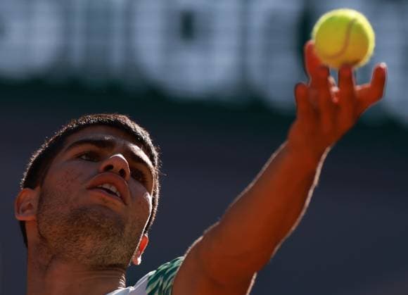 (230601) -- PARIS, June 1, 2023 -- Carlos Alcaraz of Spain serves during the men s singles second round match between Carlos Alcaraz of Spain and Taro Daniel of Japan at the French Open tennis tournament at Roland Garros in Paris, France, on May 31, 2023. ) (SP)FRANCE-PARIS-TENNIS-ROLAND GARROS-FRENCH OPEN-MEN S SINGLES GaoxJing 