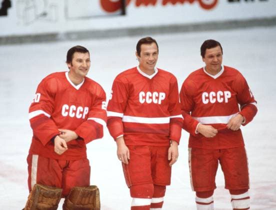 Moscow, USSR. Soviet hockey players goalkeeper Vladislav Tretyak, Valery Vasilyev and Alexander Maltsev (L-R) celebrate the victory during the 1984 Izvestiya Newspaper International Hockey Tournament. Robert Maximov TASS  59292365