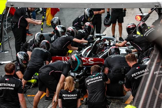 Mercedes-AMG Petronas F1 Team during pit stop practice, F1 Grand Prix of Spain at Circuit de Barcelona-Catalunya on June 1, 2023 in Barcelona, Spain. (Photo by HOCH ZWEI) Barcelona Spain