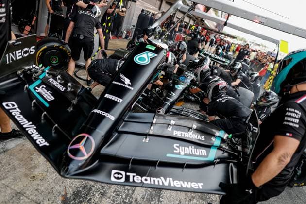 Mercedes-AMG Petronas F1 Team during pit stop practice, F1 Grand Prix of Spain at Circuit de Barcelona-Catalunya on June 1, 2023 in Barcelona, Spain. (Photo by HOCH ZWEI) Barcelona Spain