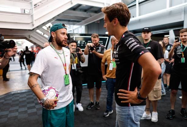 Neymar (BRA), 63 George Russell (GBR, Mercedes-AMG Petronas F1 Team), F1 Grand Prix of Spain at Circuit de Barcelona-Catalunya on June 1, 2023 in Barcelona, Spain. (Photo by HOCH ZWEI) Barcelona Spain