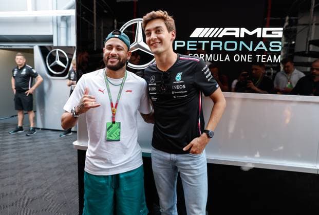 Neymar (BRA), 63 George Russell (GBR, Mercedes-AMG Petronas F1 Team), F1 Grand Prix of Spain at Circuit de Barcelona-Catalunya on June 1, 2023 in Barcelona, Spain. (Photo by HOCH ZWEI) Barcelona Spain