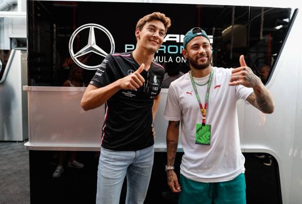 63 George Russell (GBR, Mercedes-AMG Petronas F1 Team), Neymar (BRA), F1 Grand Prix of Spain at Circuit de Barcelona-Catalunya on June 1, 2023 in Barcelona, Spain. (Photo by HOCH ZWEI) Barcelona Spain