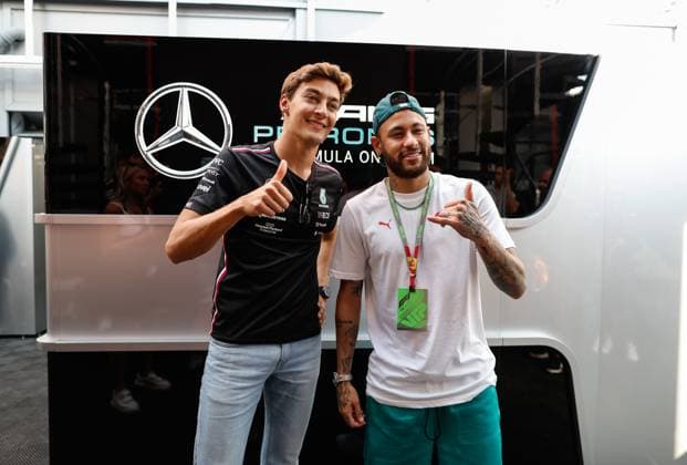 63 George Russell (GBR, Mercedes-AMG Petronas F1 Team), Neymar (BRA), F1 Grand Prix of Spain at Circuit de Barcelona-Catalunya on June 1, 2023 in Barcelona, Spain. (Photo by HOCH ZWEI) Barcelona Spain